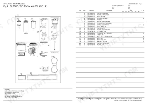 Yanmar 0CK50-M01410EN parts list for filters and belts, showing exploded views of fuel, oil, and air components.
