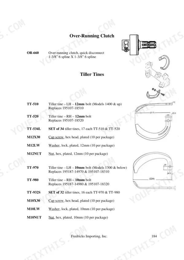 Yanmar 1100-4500 Series parts list for over-running clutch and tiller tines with hardware specs.