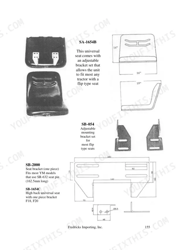 Yanmar 1100-4500 Series universal tractor seat SA-1654B, SB-054 mounting bracket, and SB-2000 seat bracket dimensions.