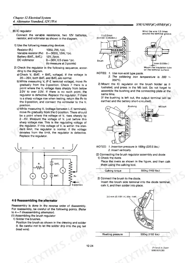 Yanmar 1GM10(C), 2GM20(F)(C), 3GM30(F)(C), 3HM35(F)(C) IC regulator testing, brush assembly, and alternator reassembly guide.