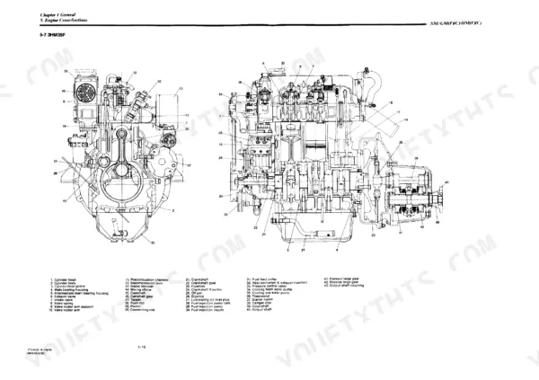 Yanmar 1GM10(C), 2GM20(F)(C), 3GM30(F)(C), 3HM35(F)(C) engine cross-section diagram showing 3HM35 components and parts list.