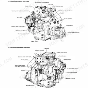 Yanmar 2QM20(H), 3QM30(H), 2QM20, 2QM20Y, 2QM20F, 3QM30, 3QM30Y, 3QM30F exterior view diagrams showing intake and exhaust sides.