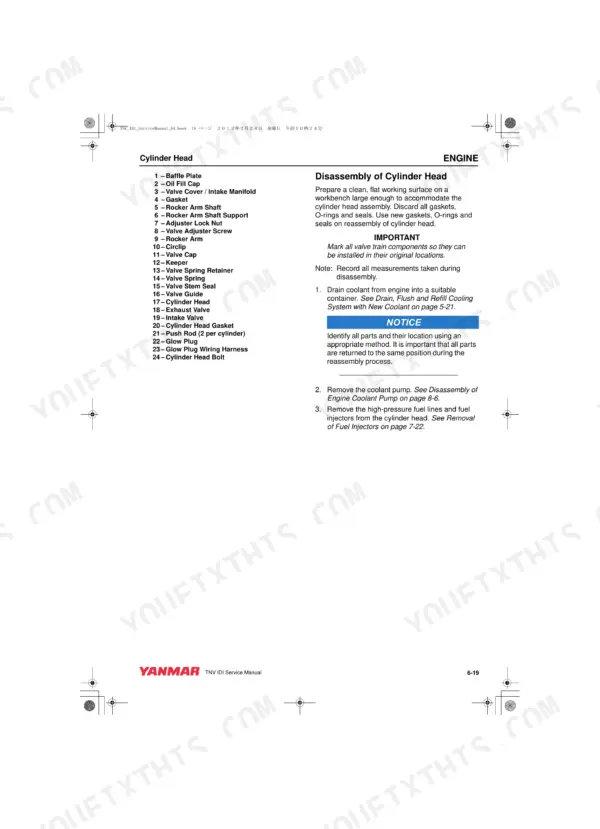Yanmar 2TNV70, 3TNV70, 3TNV76 cylinder head disassembly procedure, parts list, and component identification guide.