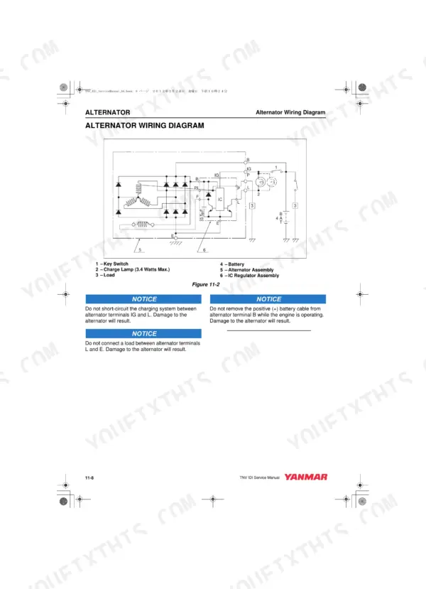 Yanmar 2TNV70, 3TNV70, 3TNV76 alternator wiring diagram showing IC regulator, battery, and key switch connections.