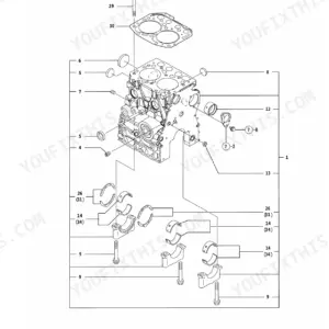 Yanmar 2TNV70-PTB (TB108) exploded view of engine cylinder block and bearings.