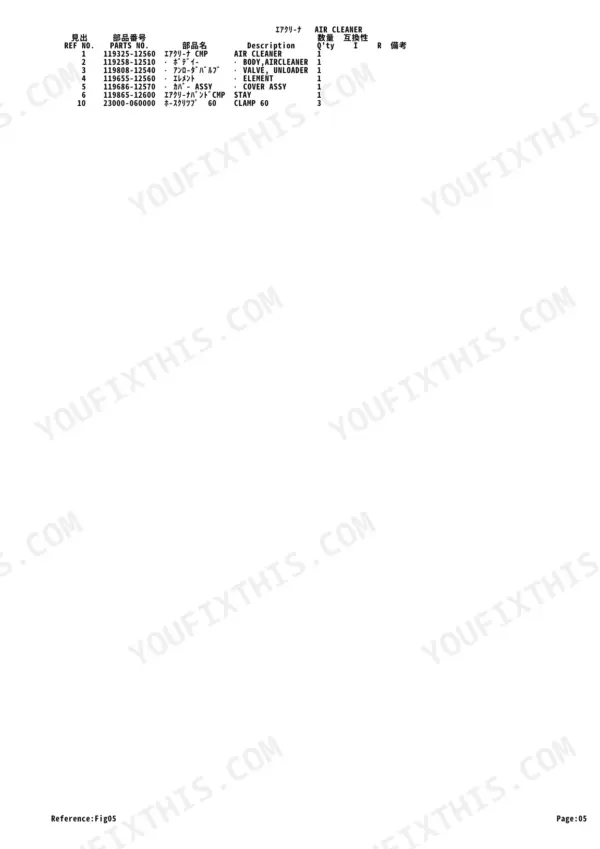 Yanmar 2TNV70-PTB (TB108) parts list table for Air Cleaner components.