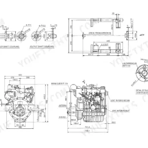 Yanmar 3JH2 Series, 3JH2E, 3JH2-TE, 3JH25A, 3JH30A, 3JH2-(B)E, 3JH2-T(B)E, 3JH2F, KBW-10E, KM3A, KM3P1, KM3P3, KM35P1 engine outline diagram showing dimensions, propeller shaft coupling, and pulley details.