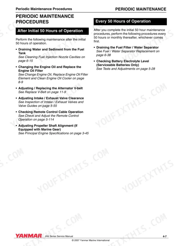 Yanmar 3JH4E, 4JH4AE, 4JH4-TE, 4JH4-HTE, JH4 series periodic maintenance procedures for initial and 50-hour intervals.