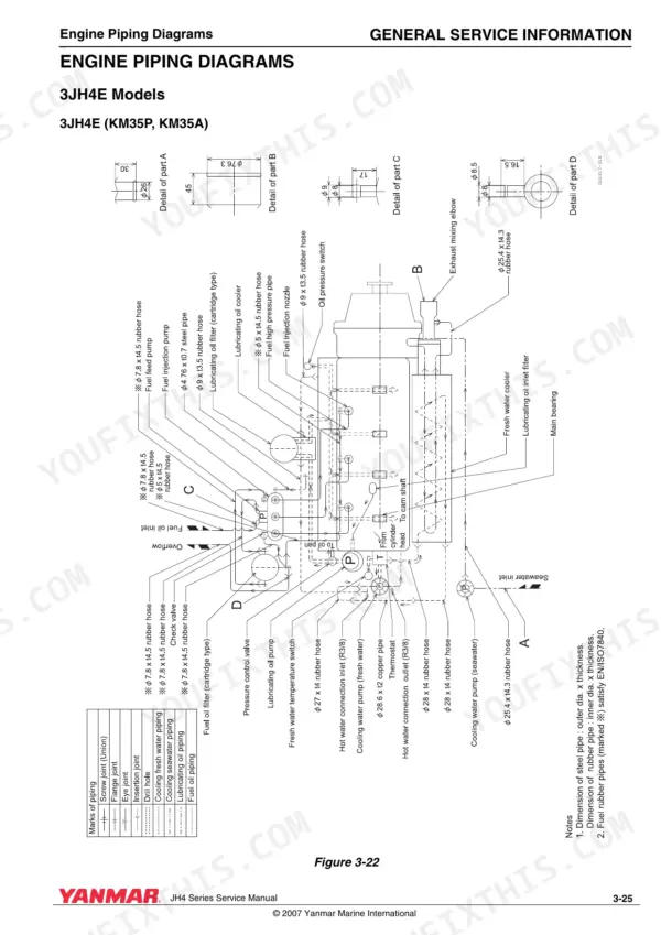 Yanmar 3JH4E, 4JH4AE, 4JH4-TE, 4JH4-HTE, JH4 series engine piping diagram showing fuel, oil, and cooling system lines.