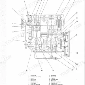 Yanmar 3TN100E, 4TN100E, 4TN100TE, TN 100 series engine cross-sectional view diagram with numbered component parts list.