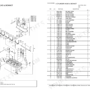 Yanmar 3TN63L-UNH2, Y00D4380 exploded view of cylinder head and bonnet assembly with corresponding parts list table.