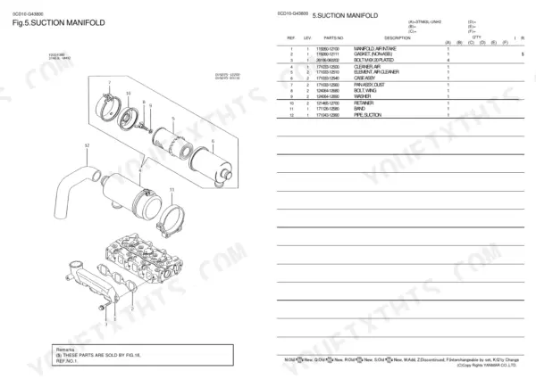 Yanmar 3TN63L-UNH2, Y00D4380 exploded view diagram and parts list for the suction manifold and air cleaner assembly.