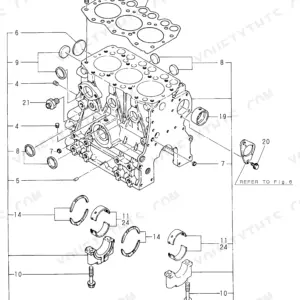 Yanmar 3TN66L-(E)UB, 3TN66L-(E) UB, 3TN66L-EUB, 3TN66L-UB exploded view of engine cylinder block, bearings, and head gasket.