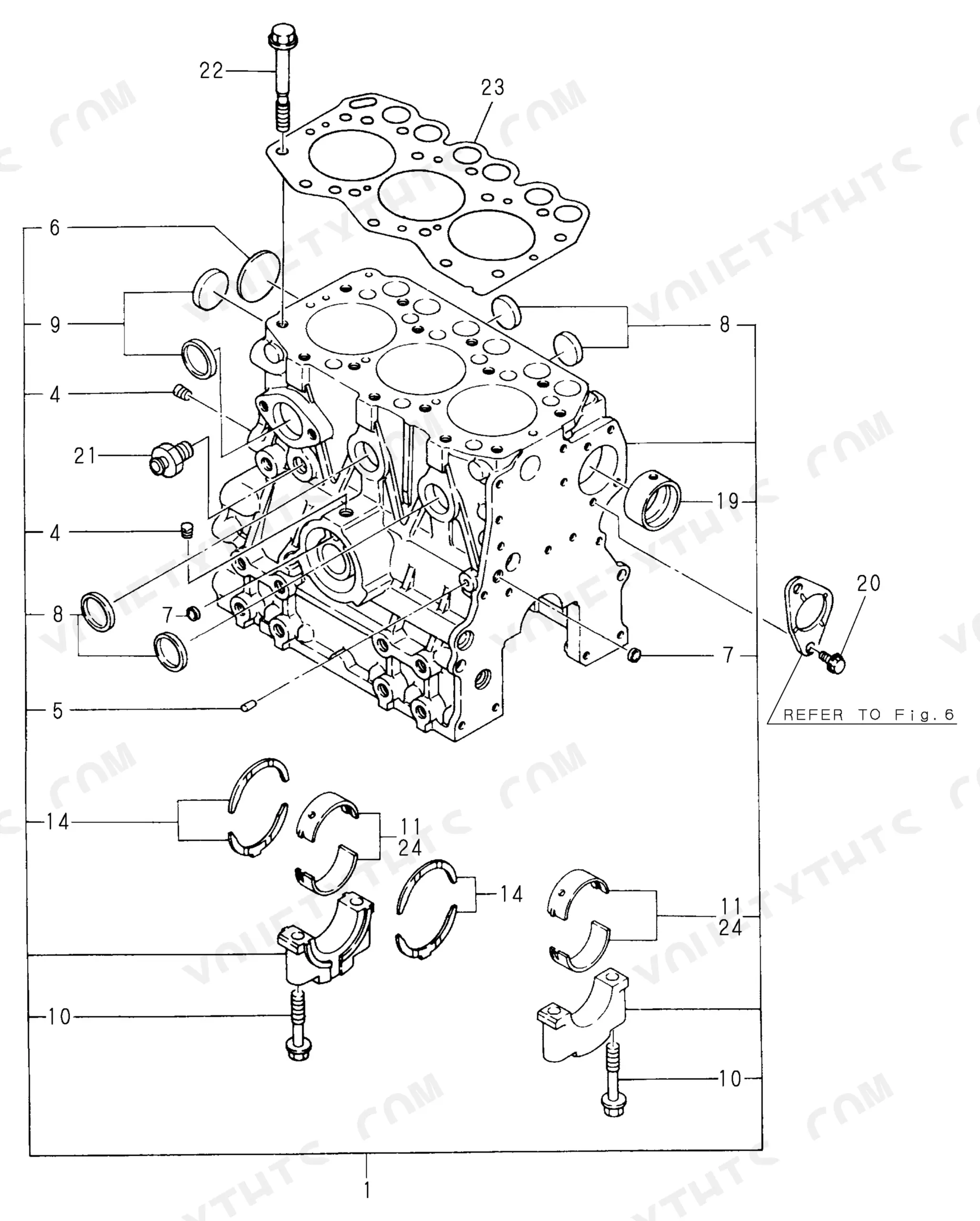 Yanmar 3TN66L-(E)UB, 3TN66L-(E) UB, 3TN66L-EUB, 3TN66L-UB exploded view of engine cylinder block, bearings, and head gasket.