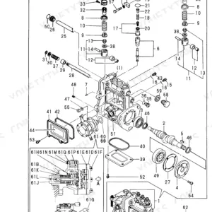 Yanmar 3TN75L-RB fuel injection pump exploded view showing pump housing, camshaft, plunger, and internal components.