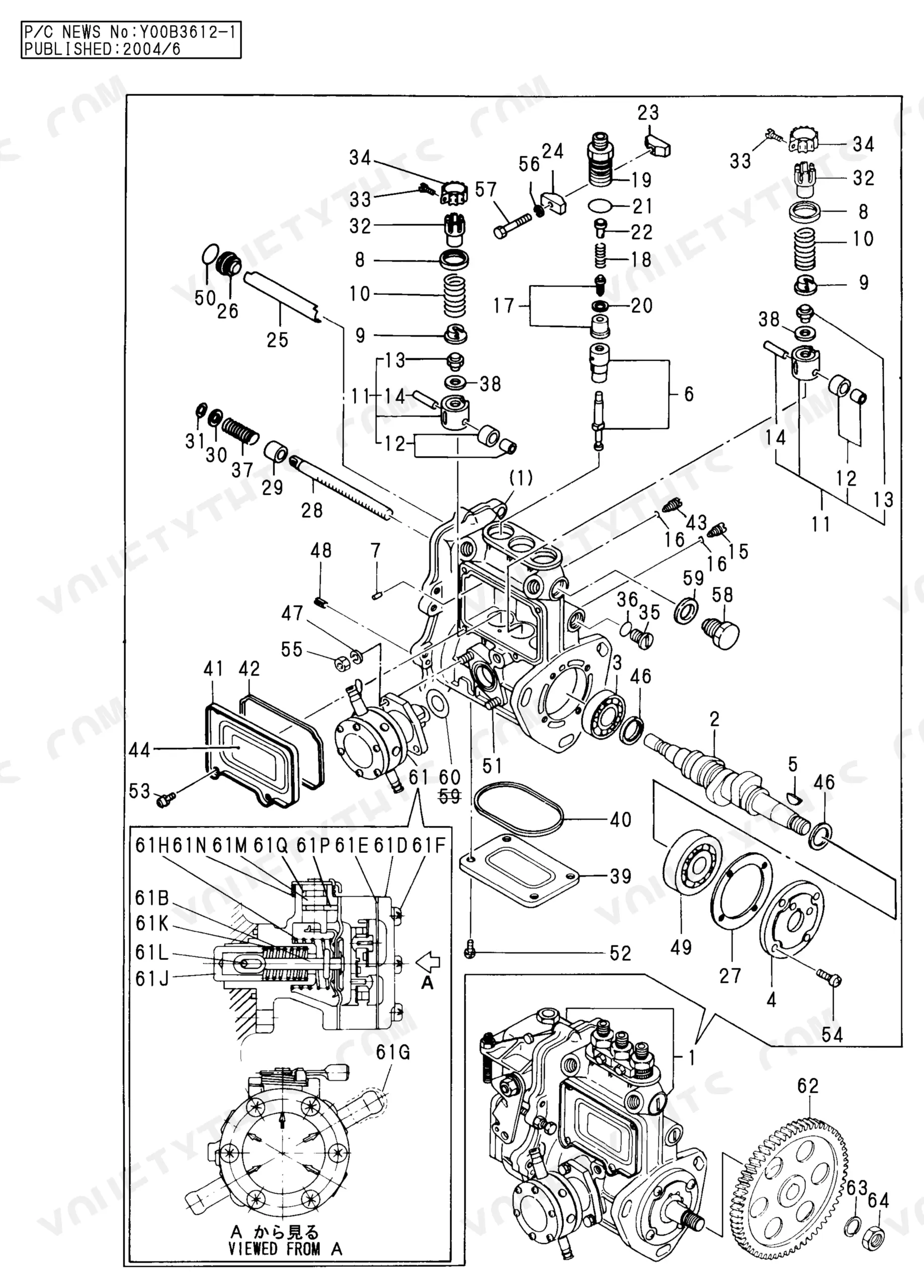 Yanmar 3TN75L-RB fuel injection pump exploded view showing pump housing, camshaft, plunger, and internal components.