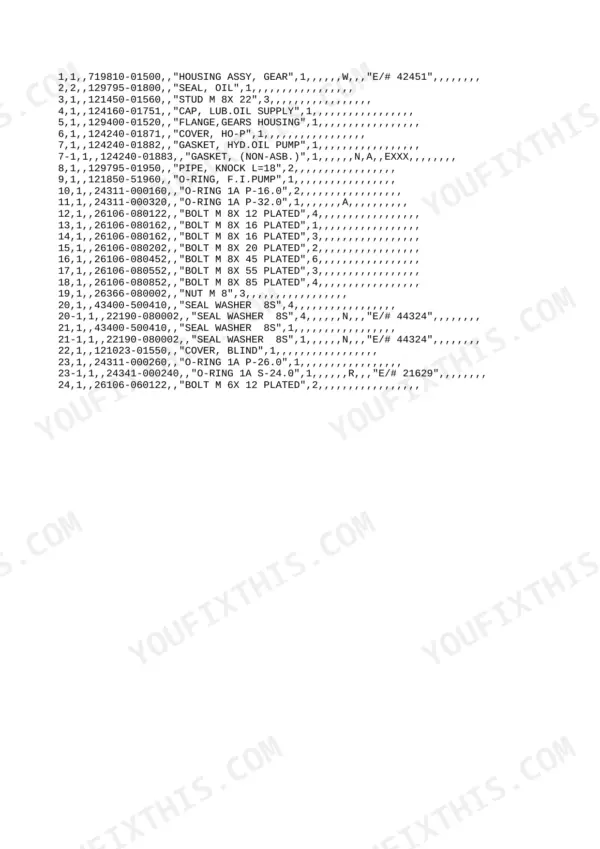 Yanmar 3TN75L-RB parts list showing gear housing, gaskets, O-rings, and various bolts with part numbers.