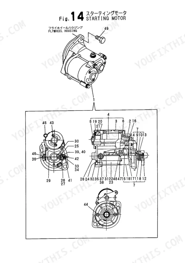 Yanmar 3TNA72L-UBA/UBB engine parts catalog exploded view of starting motor and flywheel housing components.