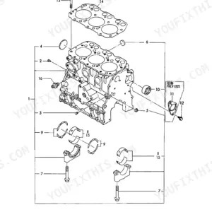 Yanmar 3TNA72L-UBA, 3TNA72L-UBA/B exploded view diagram of the cylinder block, main bearings, and head gasket components.