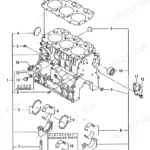Yanmar 3TNA72L-UTB (YB10-2) cylinder block exploded view showing main bearings, head gasket, and mounting hardware.