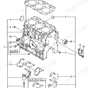 Yanmar 3TNA72L-UTB (YB10-2) cylinder block exploded view showing main bearings, head gasket, and mounting hardware.