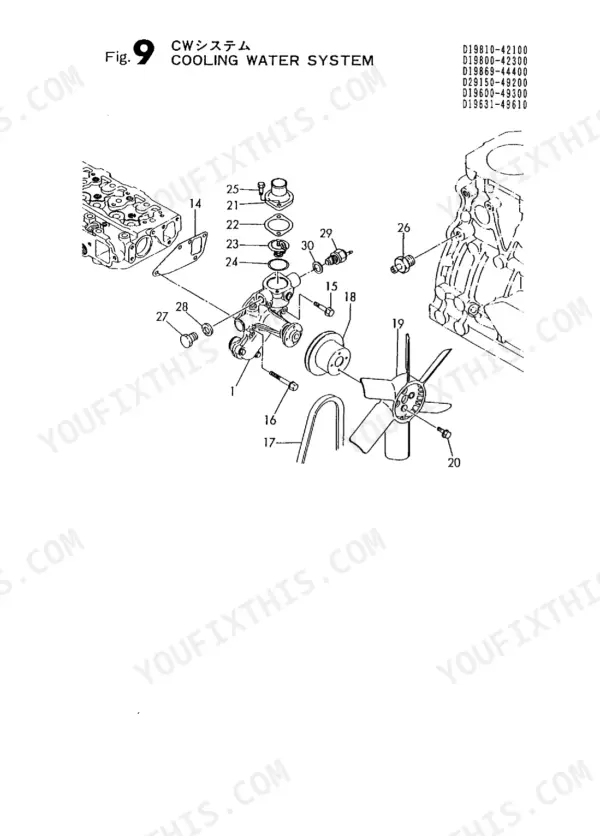 Yanmar 3TNC78L-RKAH (V2) exploded view of the cooling water system, including water pump and fan.