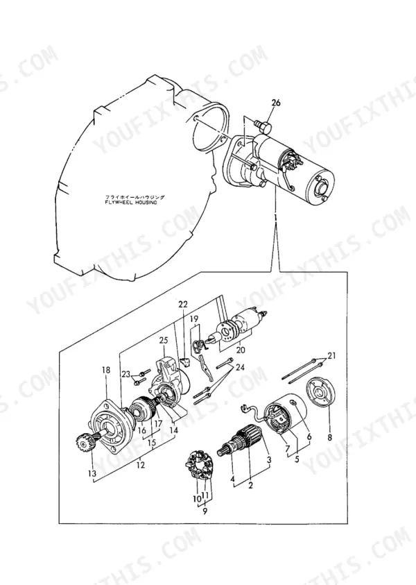 Yanmar 3TNC80L-RB, Y00B4461 exploded view of starter motor assembly and flywheel housing mounting components.