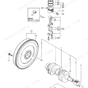 Yanmar 3TNC80L-RB, Y00B4461 exploded view of engine crankshaft, piston, connecting rod, and flywheel assembly.