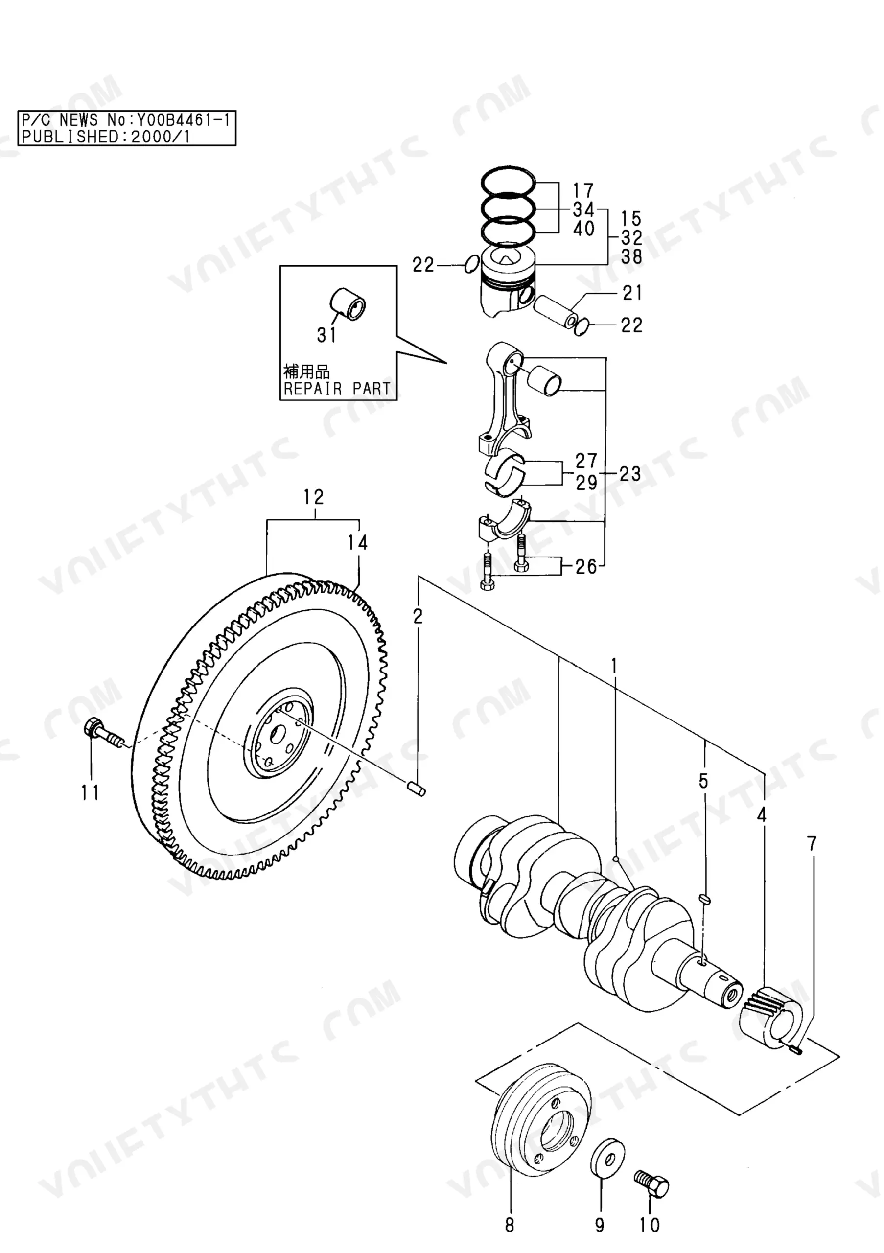 Yanmar 3TNC80L-RB, Y00B4461 exploded view of engine crankshaft, piston, connecting rod, and flywheel assembly.