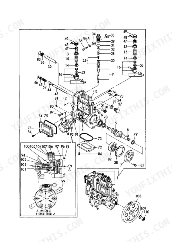 Yanmar 3TNC80L-RB, Y00B4461 exploded view of fuel injection pump components, including plunger, camshaft, and governor.