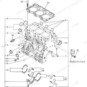 Yanmar 3TNE68-ENBAC, 3TNE68, Y00V3629 exploded view diagram of the cylinder block, main bearings, and head gasket.