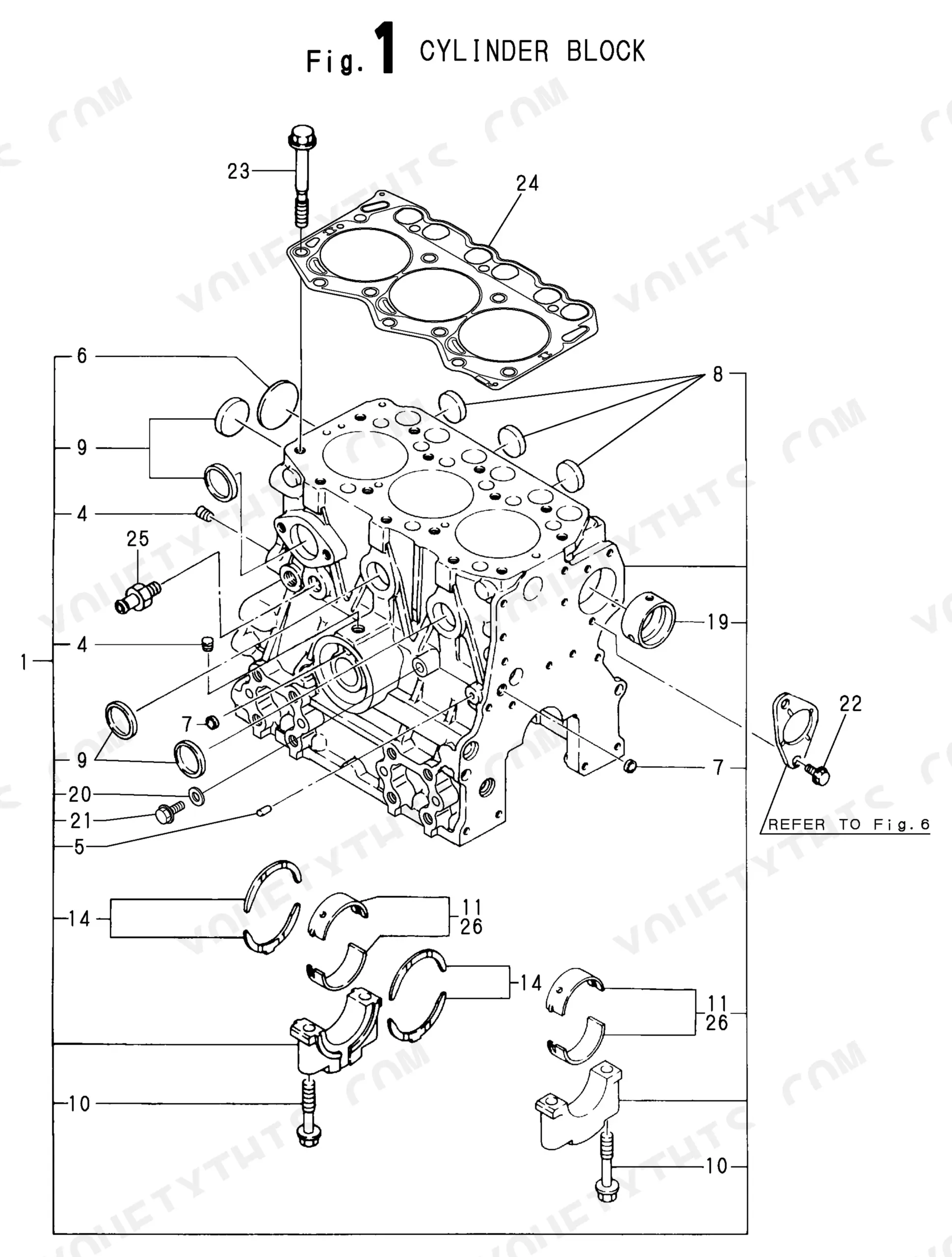 Yanmar 3TNE68-ENBAC, 3TNE68, Y00V3629 exploded view diagram of the cylinder block, main bearings, and head gasket.