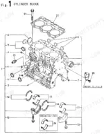 yanmar-3tne68-nbab-industrial-engine-parts-catalog-y00b5780-engine-parts-3.webp Yanmar 3TNE68-NBAB (B15AY) exploded view diagram of the cylinder block, main bearings, and head gasket.