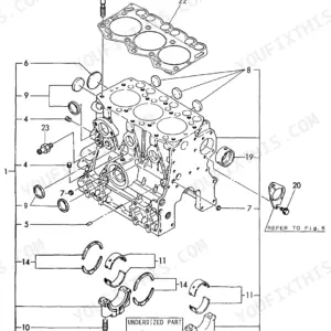Yanmar 3TNE68-NBAB (B15AY) exploded view diagram of the cylinder block, main bearings, and head gasket.