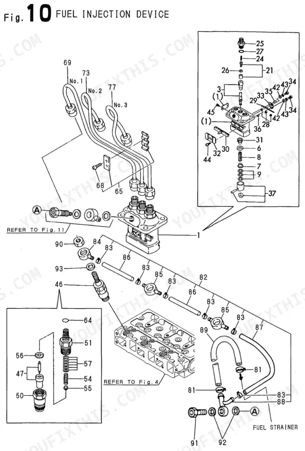 Yanmar 3TNE68-NBAB (B15AY) exploded view diagram of fuel injection device, pump, and fuel lines.
