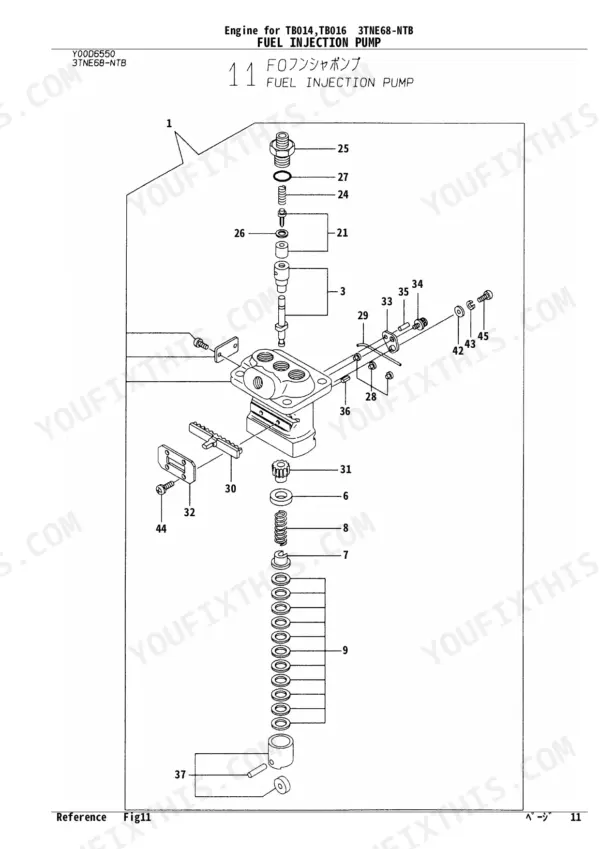Yanmar 3TNE68-NTB, 3TNE68-TB1, ETB1, TB014, TB016, Y00D6550 exploded view diagram of the fuel injection pump components.