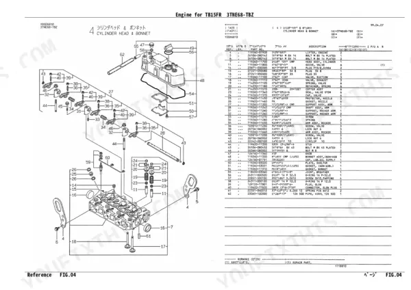 Yanmar 3TNE68-TBZ, TB15FR cylinder head and bonnet exploded view diagram with parts list and reference numbers.
