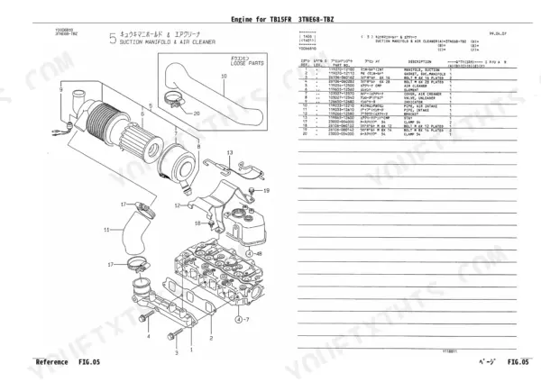Yanmar 3TNE68-TBZ, TB15FR exploded view of suction manifold and air cleaner assembly with parts list table.