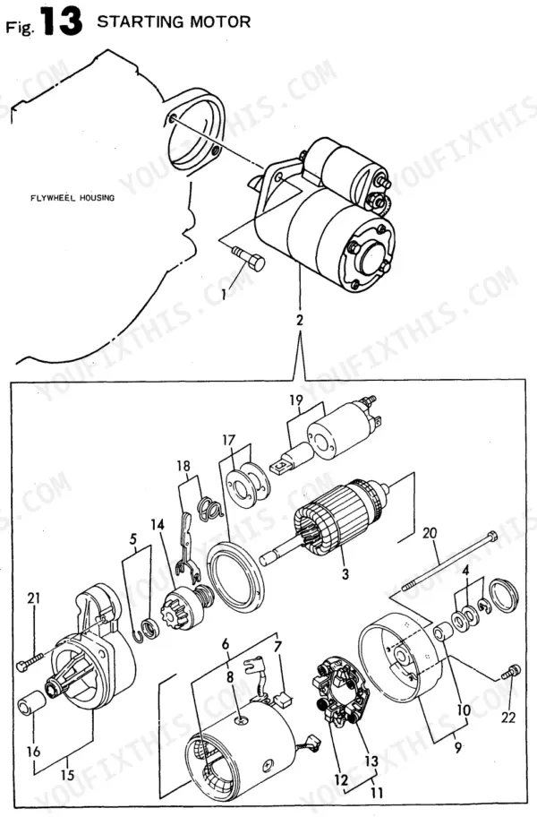 Yanmar 3TNE68L-UBC (B19), T-series exploded view diagram of the starting motor and flywheel housing.