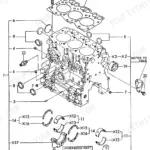 Yanmar 3TNE68L-UBC, 3TNE68L-UBC (B19), T-series exploded view of cylinder block, main bearings, and head gasket.