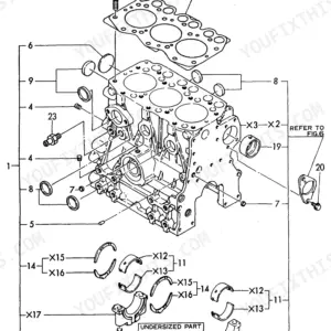 Yanmar 3TNE68L-UBC, 3TNE68L-UBC (B19), T-series exploded view of cylinder block, main bearings, and head gasket.