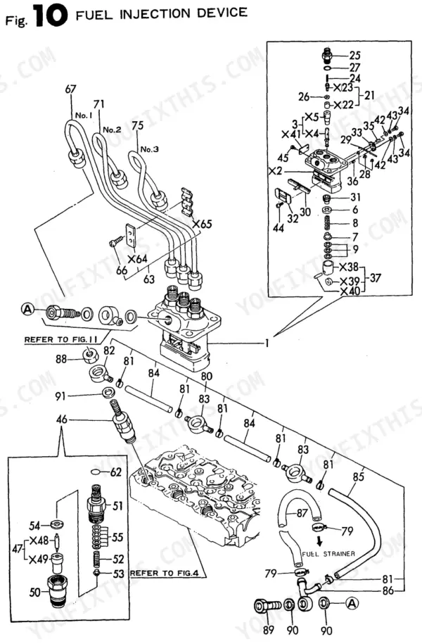 Yanmar 3TNE68L-UBC (B19), T-series fuel injection device exploded view showing fuel lines and pump components.
