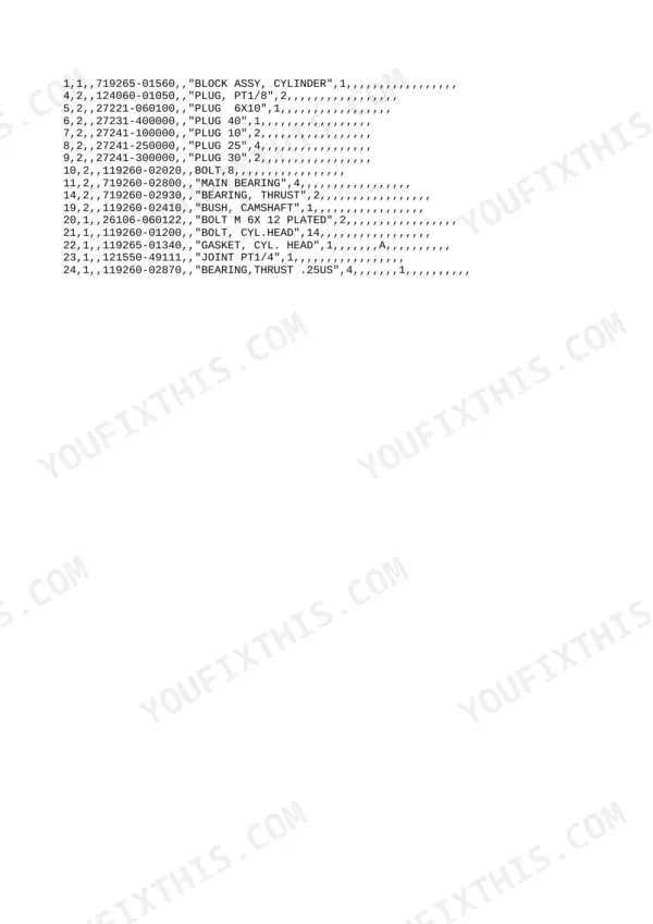 Yanmar 3TNE68L-UBC (B19), T-series parts list for cylinder block assembly, plugs, bearings, and bolts.