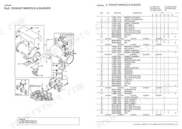 Yanmar 3TNE74-SA, 3TNE74-G1A, 3TNE74-G2A01, 3TNE74C(E)SA, 3TNE74C(E)G1, 3TNE74-SA01, 3TNE74-SA02, 3TNE74-SA03, 3TNE74-SA04, 3TNE74-G1A01, 3TNE74-G1A03, 3TNE74C-G1A01, EG1A01, 3TNE74C-G1A02, EG1A02, 3TNE74C-SA01, G1A02, 3TNE74C-ESA01 exhaust manifold and silencer parts diagram and list.