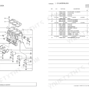 Yanmar 3TNE74-SA, 3TNE74-G1A, 3TNE74-G2A01, 3TNE74C(E)SA, 3TNE74C(E)G1, 3TNE74-SA01, 3TNE74-SA02, 3TNE74-SA03, 3TNE74-SA04, 3TNE74-G1A01, 3TNE74-G1A03, 3TNE74C-G1A01, EG1A01, 3TNE74C-G1A02, EG1A02, 3TNE74C-SA01, G1A02, 3TNE74C-ESA01 cylinder block exploded view and parts list.