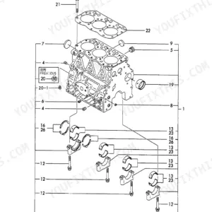 Yanmar 3TNE78A-B1 exploded view of cylinder block, main bearings, and head gasket components.
