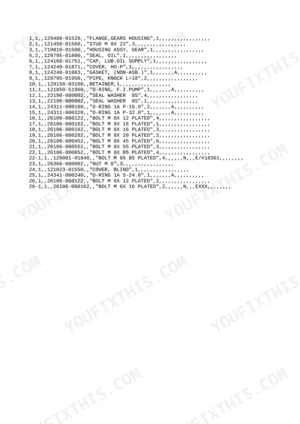 Yanmar 3TNE78A-B1 parts list for gear housing, seals, bolts, and O-rings with part numbers and quantities.