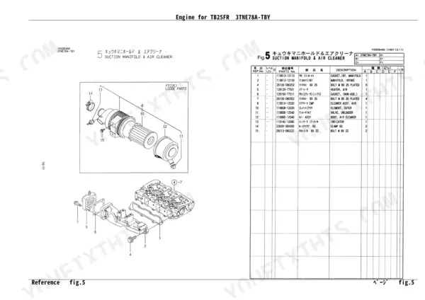 Yanmar 3TNE78A-TBY, TB25FR suction manifold and air cleaner exploded view diagram and parts list table.