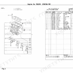 Yanmar 3TNE78A-TBY, TB25FR cylinder block exploded view diagram and parts list with reference numbers and descriptions.
