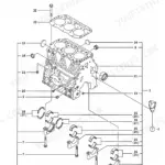 Yanmar 3TNE82A-ETB, 3TNV82A-QTB, QTB1, TB125 exploded view diagram of the engine cylinder block and main bearings.